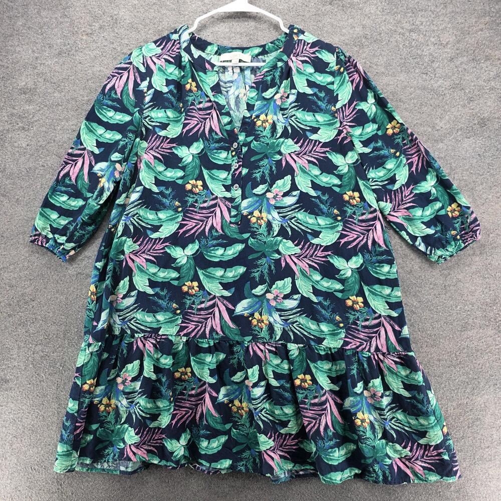 LOFT Dress Womens Large Blue Green Pink Floral Leaf Print Tiered Boho Pullover